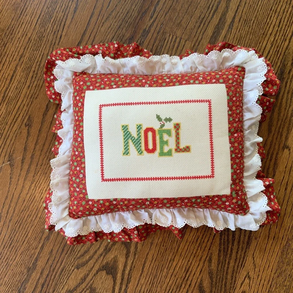 NOEL‎ Small Christmas Pillow Needlepoint Holiday Hand Made Cottage Core Prairie
